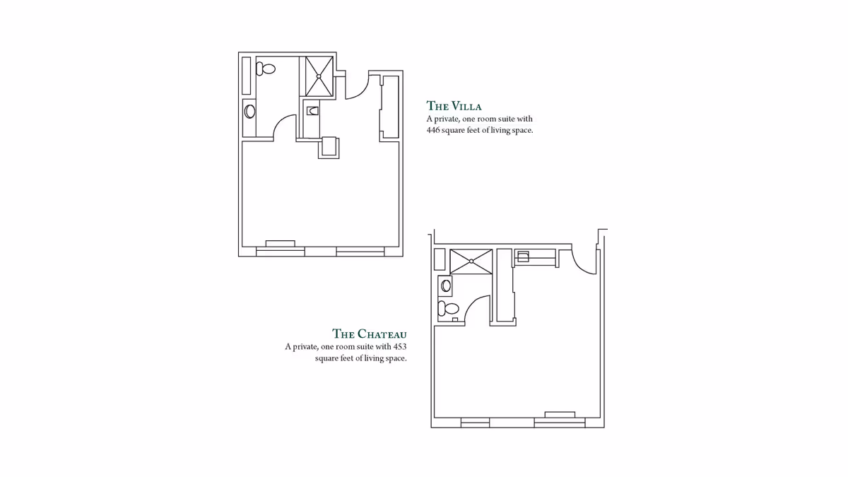 Architectural floor plans for two private one-room suites named The Villa and The Chateau, showing layouts with bathroom and living space areas. The Villa has 446 square feet of living space, and The Chateau has 453 square feet of living space.