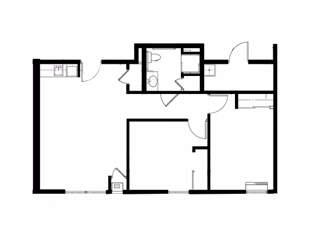 Black-and-white architectural floor plan showing an apartment layout with multiple rooms, a kitchen area, and a bathroom.