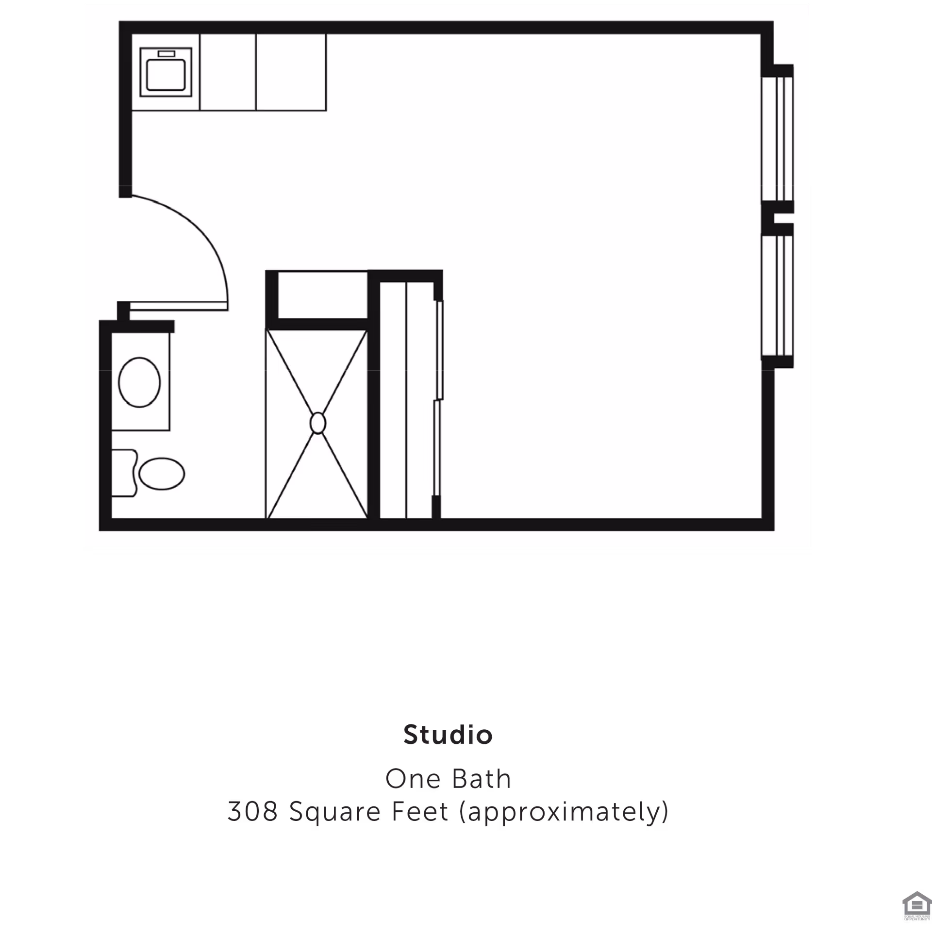 Black-and-white floor plan of a studio apartment showing a kitchenette, bathroom, closet, and main living area.