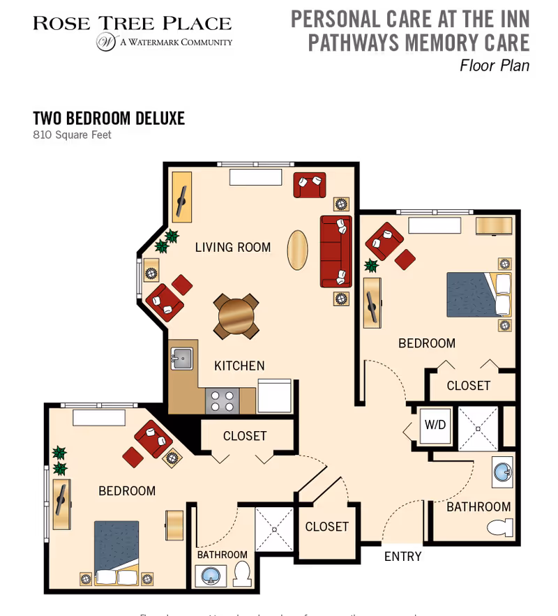 Floor plan of a senior living unit at Rose Tree Place showing two bedrooms, two bathrooms, a living room, a kitchen, closets, and a washer/dryer area. The living room has seating and a TV, the kitchen includes a stove and sink, and each bedroom is furnished with a bed, nightstands, and seating.