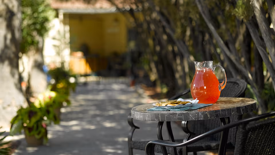 Outdoor patio area with a round stone table holding a glass pitcher of red beverage and a plate of cookies, surrounded by black wicker chairs and shaded by trees.