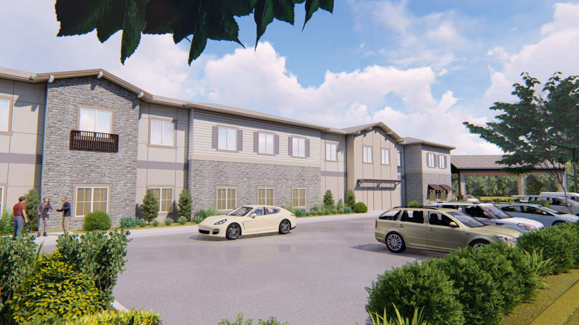 Front exterior of a two-story residential care building with parked cars, landscaping, and a few people near the entrance.