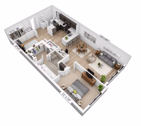 3D floor plan of a one-bedroom apartment featuring a bedroom with a bed and nightstands, a bathroom with a shower and toilet, a kitchen with appliances and an island with bar stools, a dining area with a round table and chairs, and a living room with a sofa, armchair, coffee table, TV, and plants. The layout includes measurements for each room.