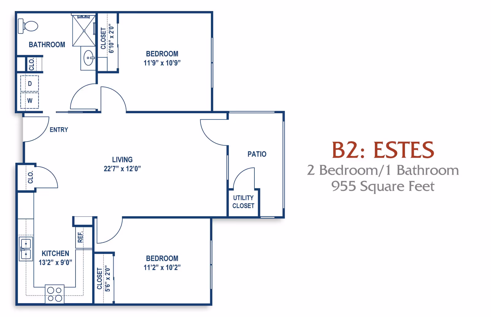Blueprint-style floor plan labeled 'B2: ESTES' of a 2-bedroom, 1-bath, 955 sq ft apartment showing living room, kitchen, bedrooms, bathroom, patio and closets.