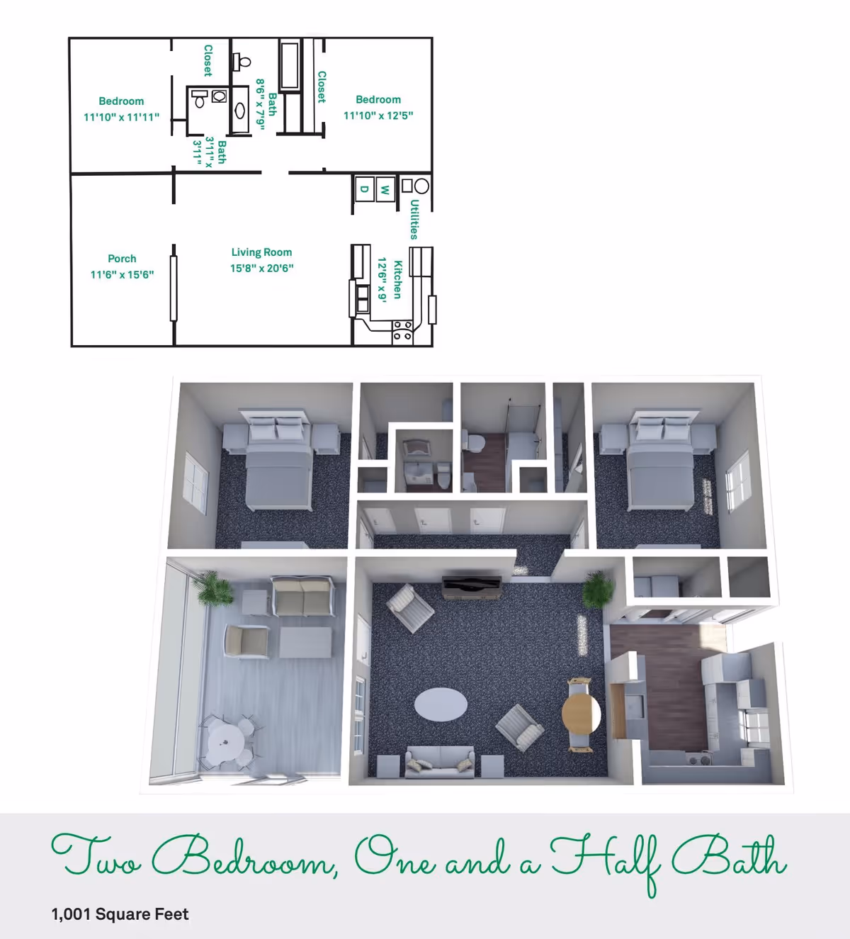 Floor plan and 3D layout of a two-bedroom, one and a half bath apartment with a porch, living room, kitchen, and utility area. The bedrooms are furnished with beds and nightstands, the living room has seating and a TV, and the porch has outdoor furniture. The kitchen includes appliances and cabinetry.