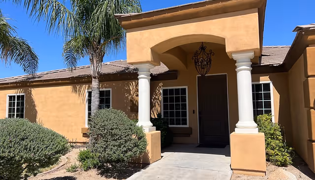 Front entrance of a stucco building with white columns, a dark door, palm trees and landscaped shrubs.