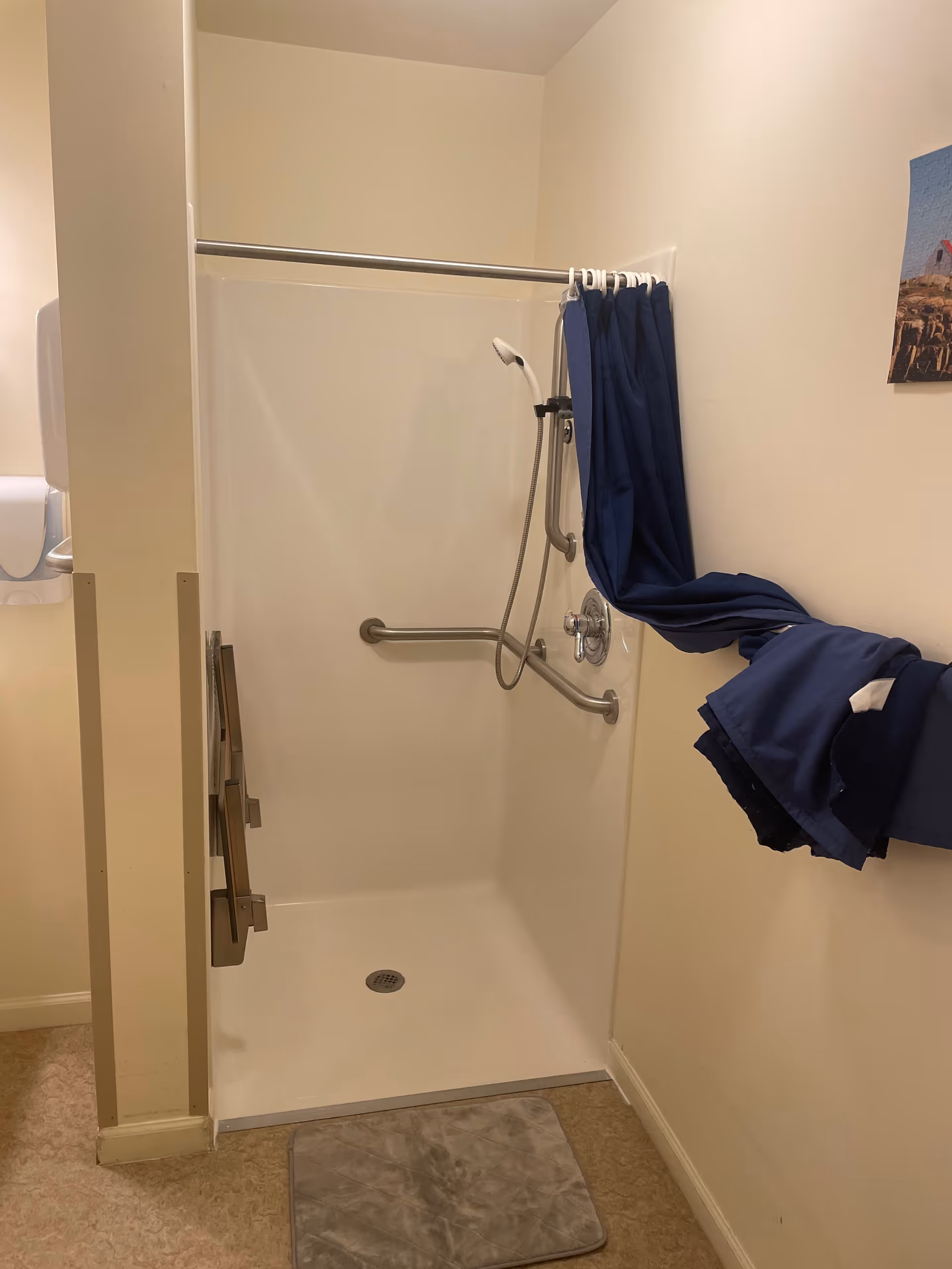 Accessible shower stall with grab bars, a handheld showerhead, and a partially pulled blue shower curtain.