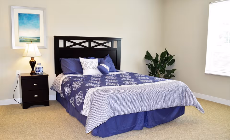 A neatly made bed with a dark wooden headboard, blue and white patterned bedding, and several pillows in a bright bedroom. To the left of the bed is a dark wooden nightstand with a lamp and decorative items. A framed picture hangs on the wall above the nightstand. A green potted plant is placed in the corner near a window with white blinds, allowing natural light to fill the room.