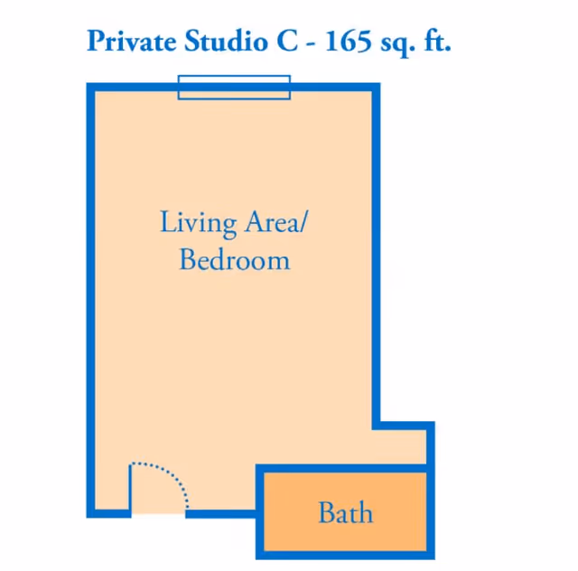 Floor plan of a private studio labeled C with 165 square feet, showing a combined living area and bedroom space and a separate bath area.