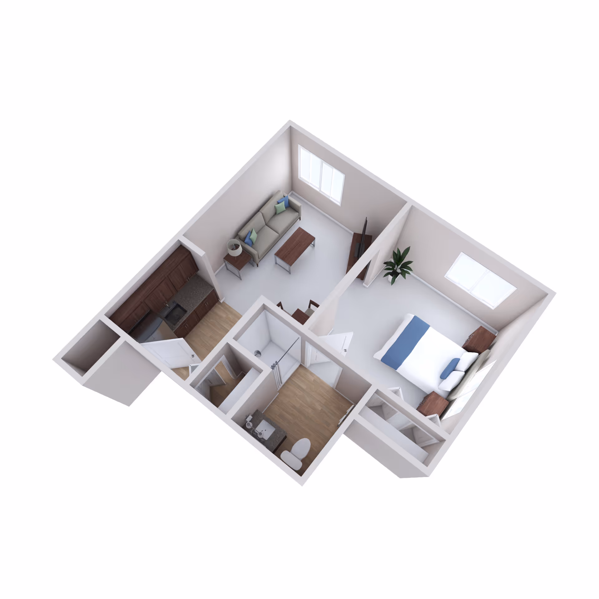 A 3D floor plan of a senior living apartment with a living room, kitchen, bedroom, and bathroom.