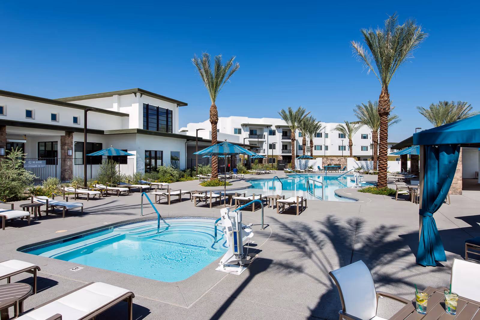 Outdoor pool area at Revel Nevada senior living facility with lounge chairs, umbrellas, palm trees, and a hot tub under a clear blue sky.
