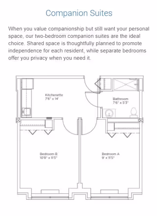 Floor plan of a two-bedroom companion suite showing a kitchenette, bathroom, Bedroom A, and Bedroom B with dimensions labeled.