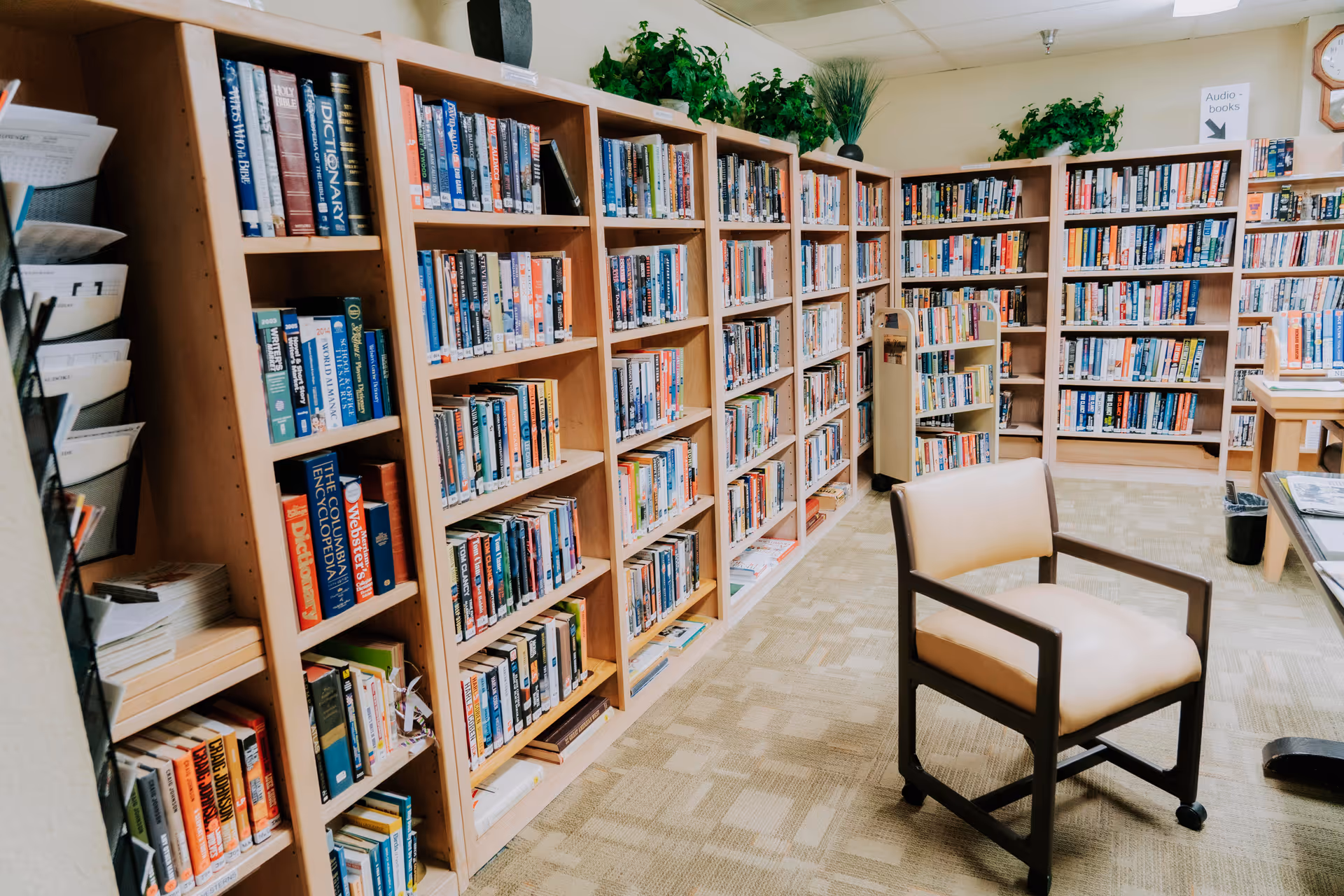 Interior of a library room with multiple wooden bookshelves filled with books. There is a beige chair with dark wooden arms and legs on wheels in the foreground. The room has a beige carpet and some green plants on top of the bookshelves.