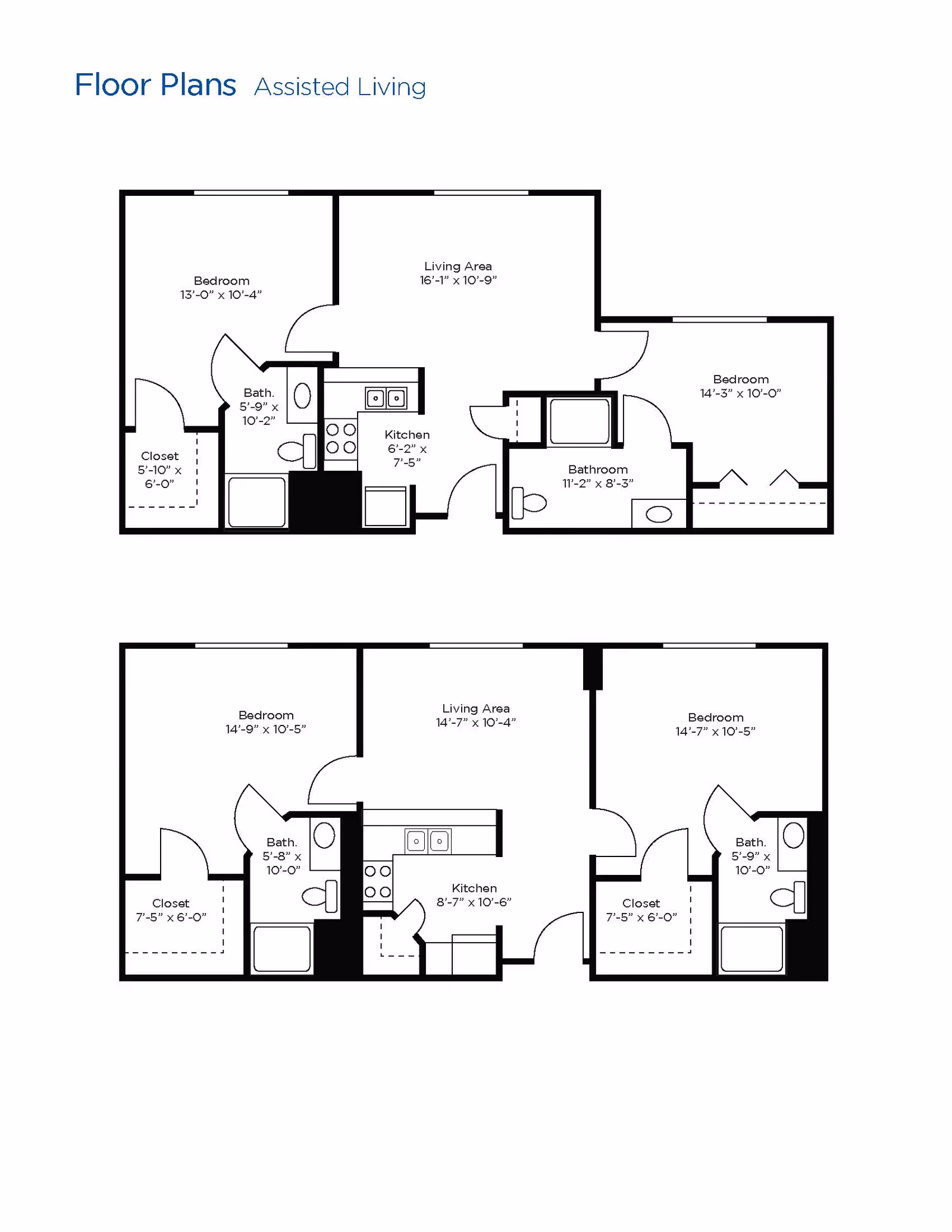 Floor plans for assisted living units at Brookdale Green Hills Cumberland showing layouts with bedrooms, bathrooms, kitchens, living areas, and closets with dimensions.
