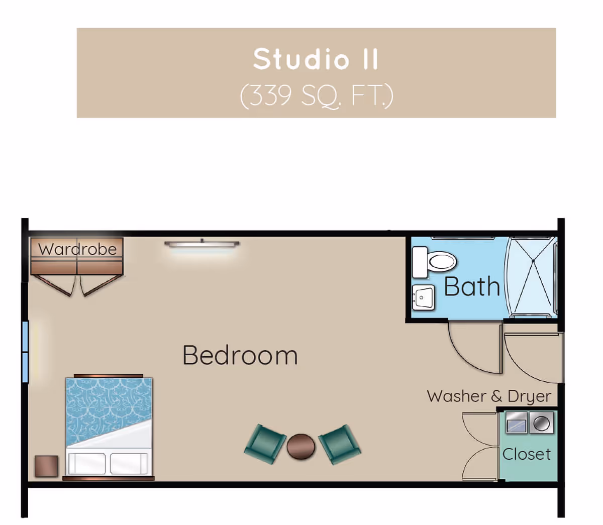 Floor plan of a Studio II apartment with 339 square feet, featuring a bedroom area with a bed, wardrobe, two chairs and a small table, a bathroom with a toilet, sink, and shower, and a closet with a washer and dryer.