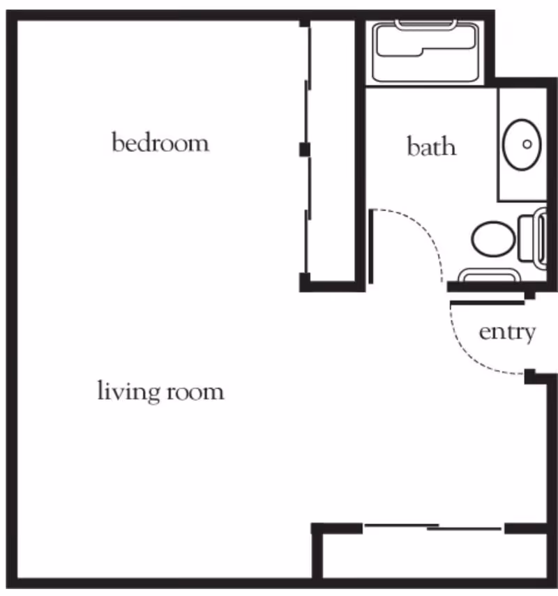 Black and white floor plan layout showing a bedroom, living room, bathroom, and entry area. The bathroom includes a bathtub, sink, and toilet. The bedroom and living room are open and adjacent to each other.