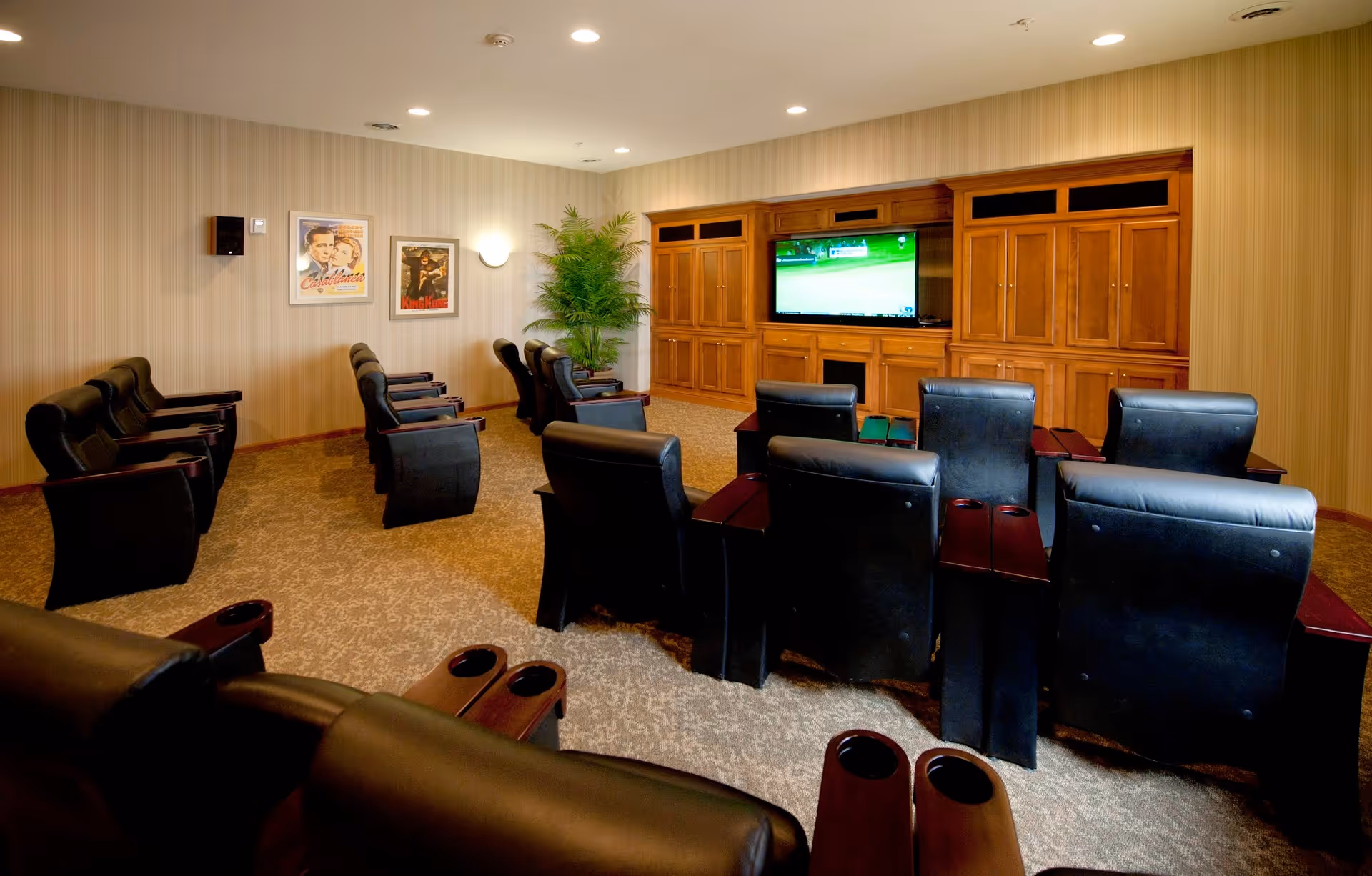 A cozy media room with multiple black leather recliner chairs arranged in rows facing a large flat-screen TV mounted on a wooden cabinet. The room has beige carpet, striped wallpaper, two framed movie posters on the wall, and a tall green plant in the corner.