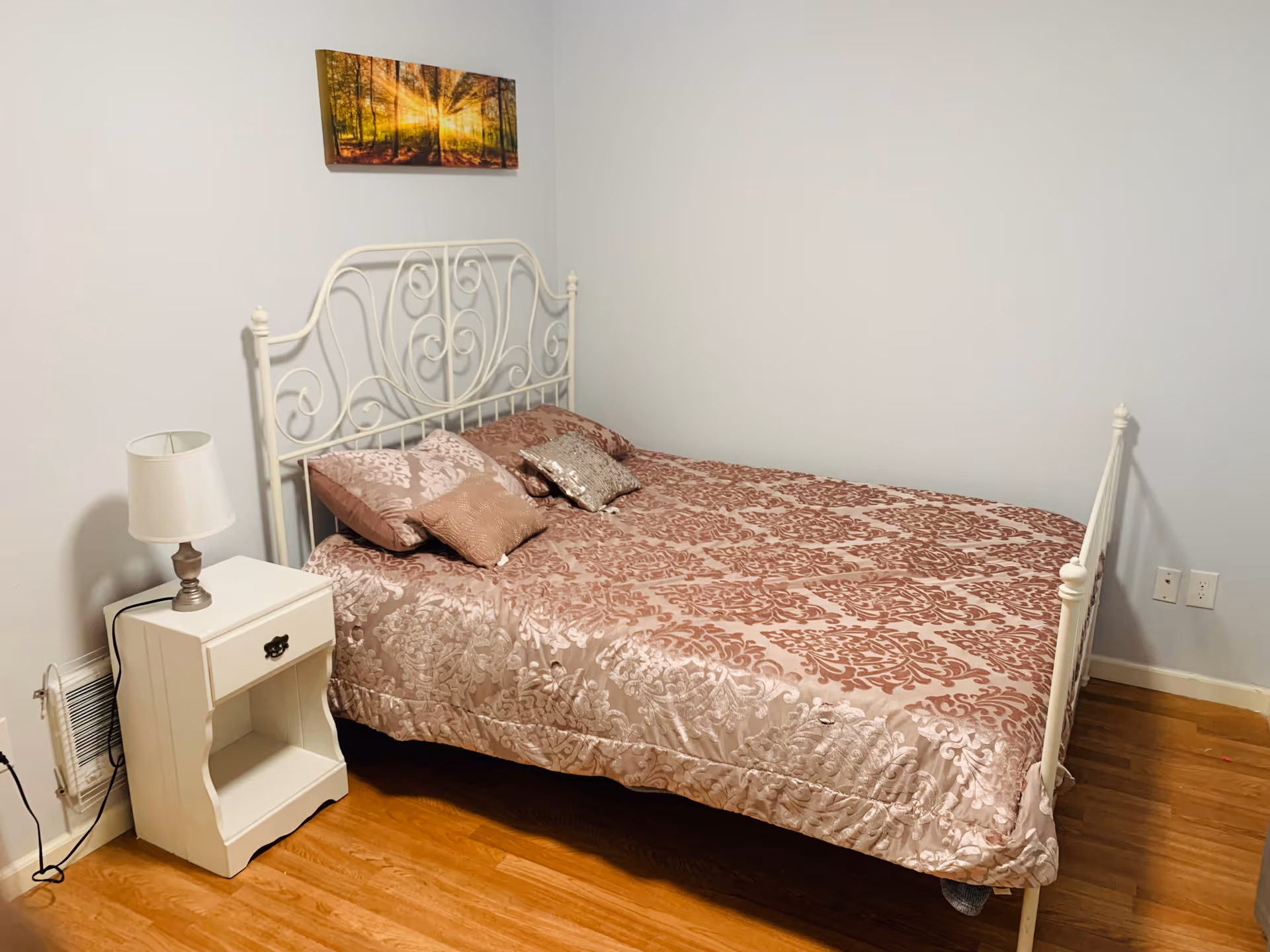 A bedroom with a white metal bed frame and a bed covered with a patterned pink and beige bedspread. There are several decorative pillows on the bed. Next to the bed is a white nightstand with a small lamp on it. The room has light-colored walls and wooden flooring. A framed picture of a forest with sunlight is hanging on the wall above the bed.