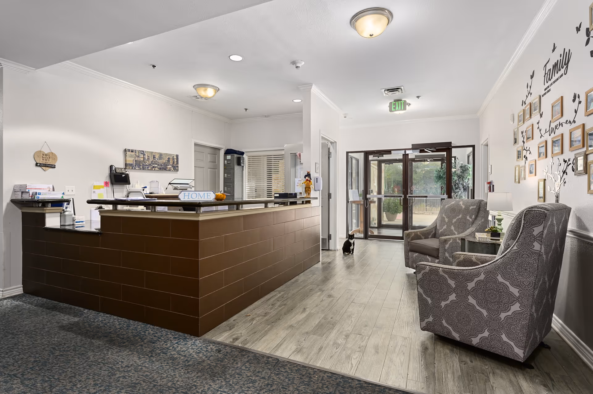 Reception area of The Pavilion at Great Hills featuring a brown front desk with a 'HOME' sign, two patterned armchairs with a small table and lamp between them, a wall decorated with framed pictures and the words 'Family' and 'Love', and glass double doors leading outside. A small black and white cat is sitting near the entrance.