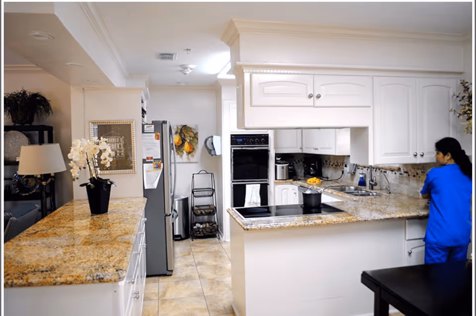A modern kitchen with white cabinets and granite countertops. A person in blue scrubs is standing near the sink on the right side. The kitchen features a stainless steel refrigerator, built-in oven, stovetop with a pot, and various kitchen appliances. There is a decorative plant and a lamp on the left countertop.