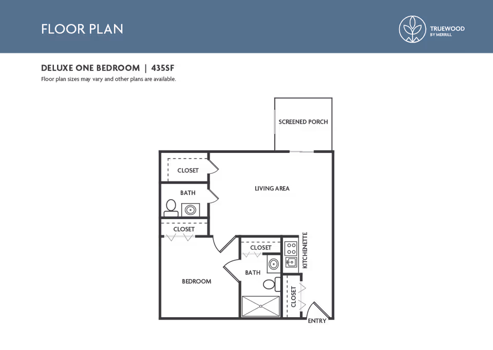 Graphic floor plan of a deluxe one-bedroom apartment showing a bedroom, living area, kitchenette, bathroom, closets and a screened porch.