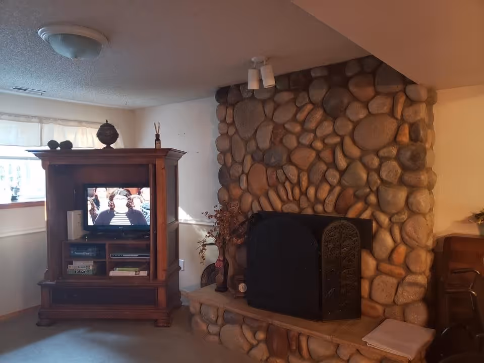 A cozy living room area featuring a stone fireplace with a decorative black screen in front. To the left of the fireplace is a wooden entertainment cabinet with a television showing a person on screen. The cabinet also holds books and decorative items. A window with sheer curtains is visible in the background, allowing natural light into the room.