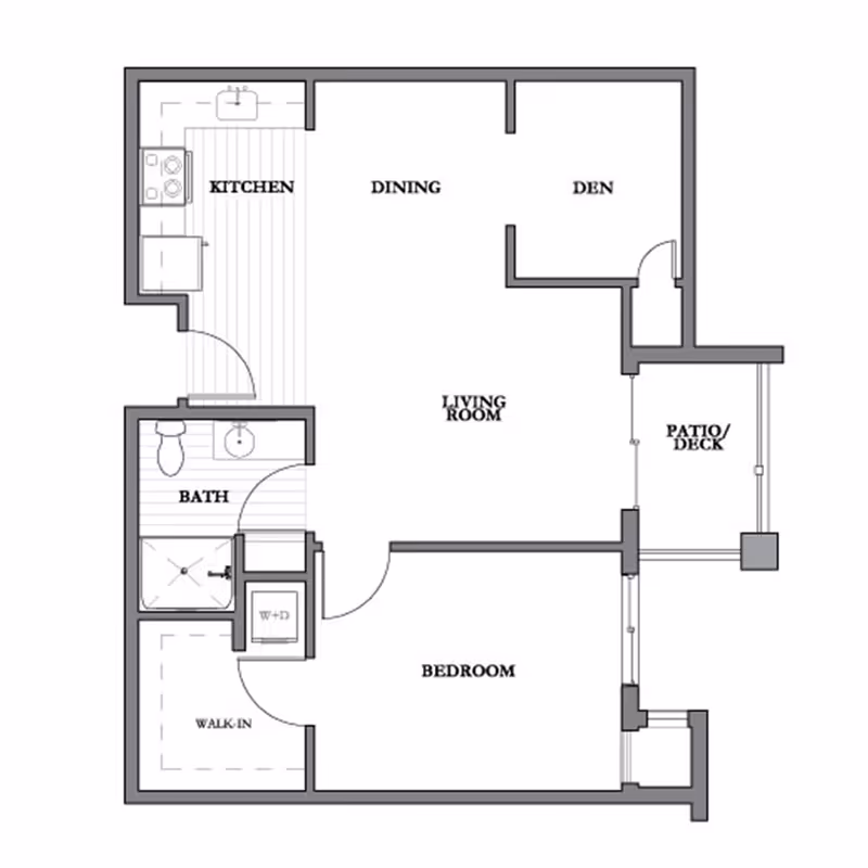Architectural floor plan of a residential unit showing labeled areas including kitchen, dining, den, living room, patio/deck, bedroom with walk-in closet, bathroom, and washer-dryer area.