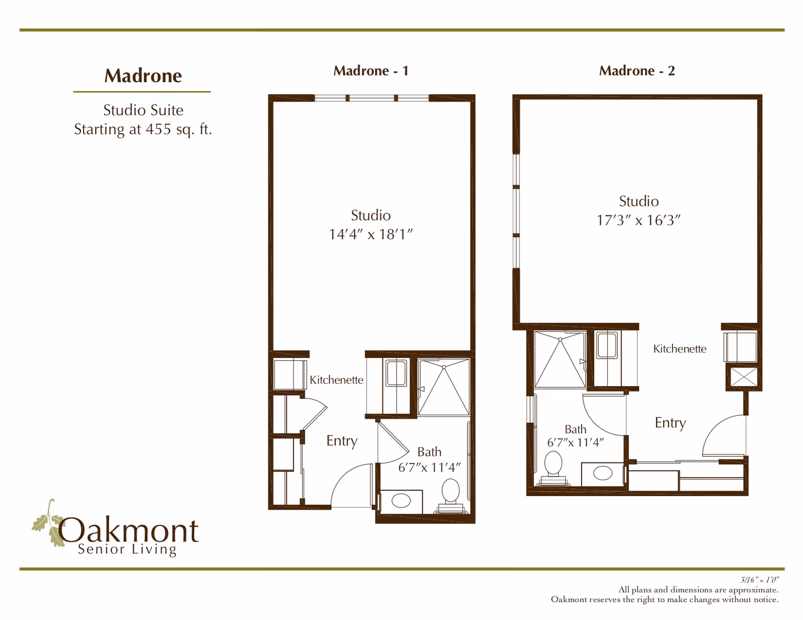 Floor plans for two studio suites named Madrone at Oakmont Senior Living, showing layouts with studio areas, kitchenettes, entryways, and bathrooms with dimensions.