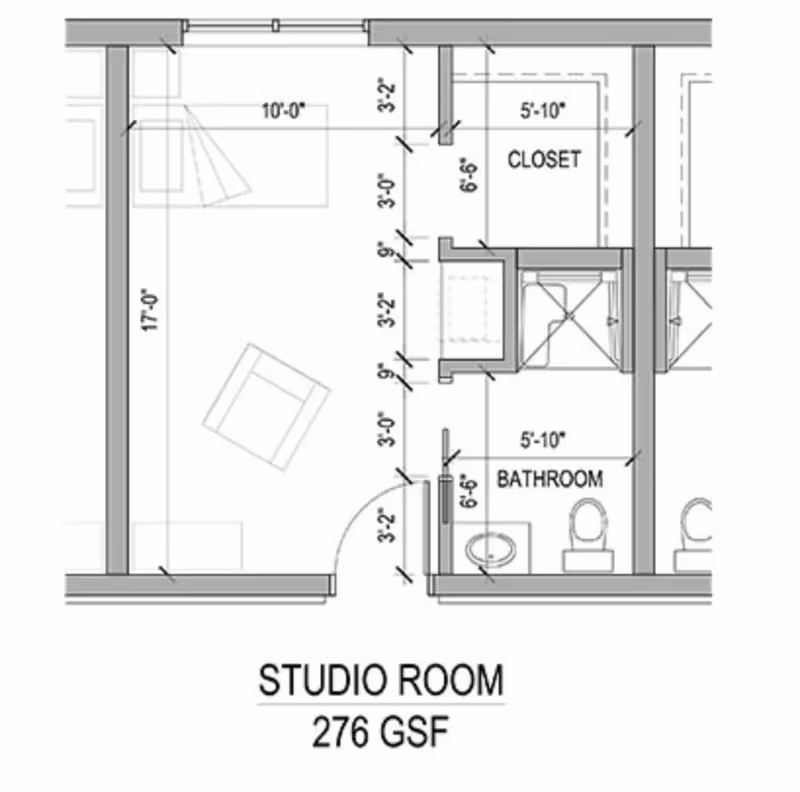 Black-and-white floor plan of a 276 GSF studio room showing the main living area, closet, and bathroom with dimensions labeled.