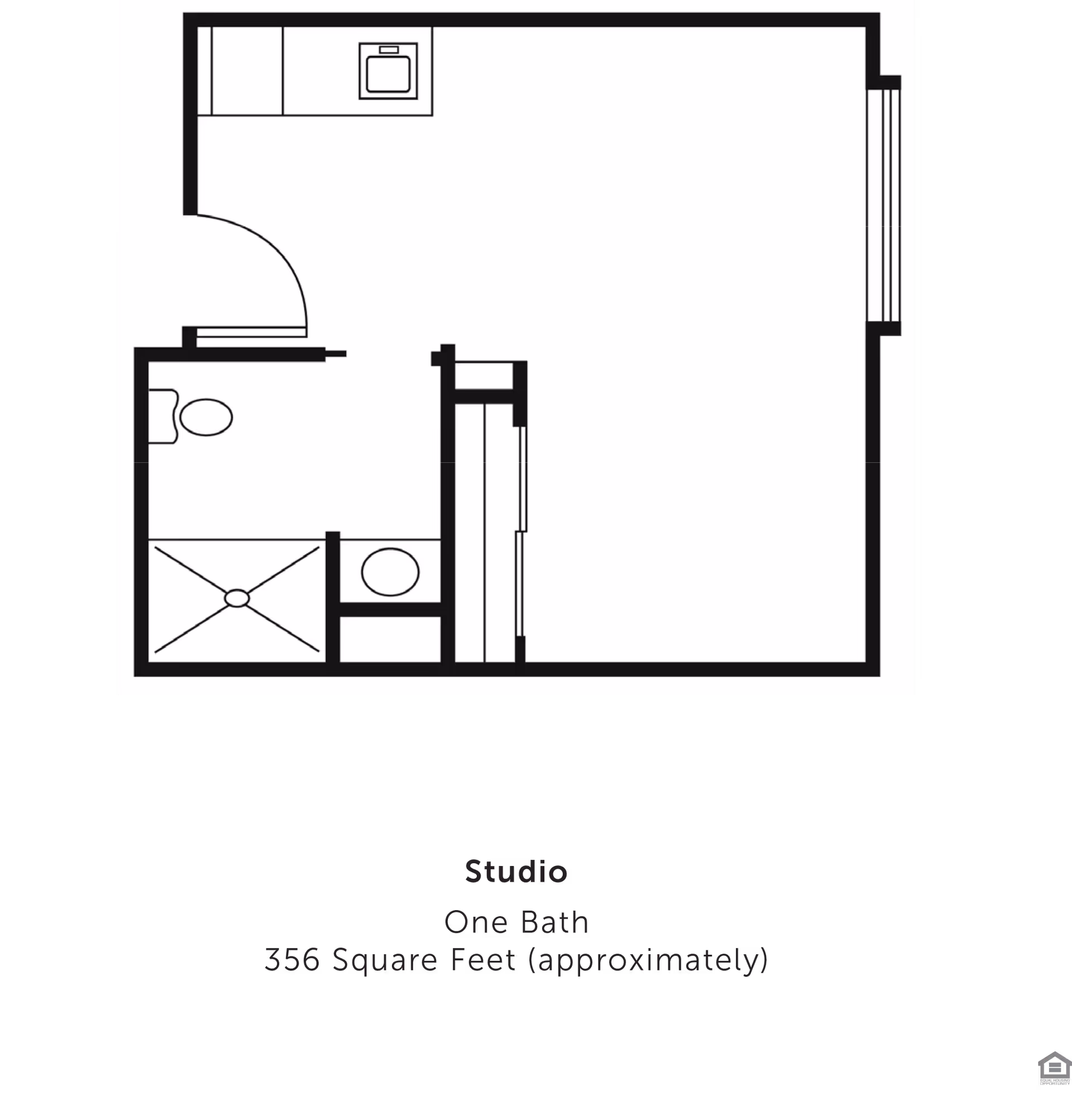 Architectural floor plan of a studio apartment at Barnes Place showing one bathroom, a kitchen area, and an open living/sleeping space totaling approximately 356 square feet.