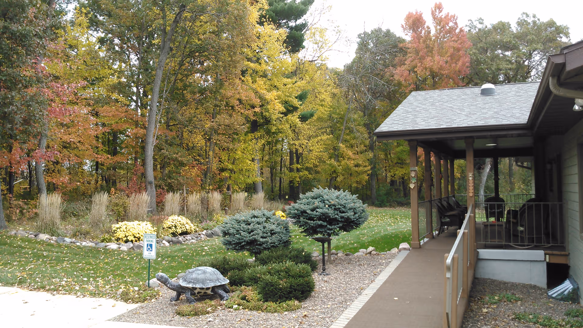 Outdoor view of a senior living facility garden area with a paved walkway, small manicured bushes, a turtle statue, and a covered porch with chairs. Trees with autumn foliage surround the area.