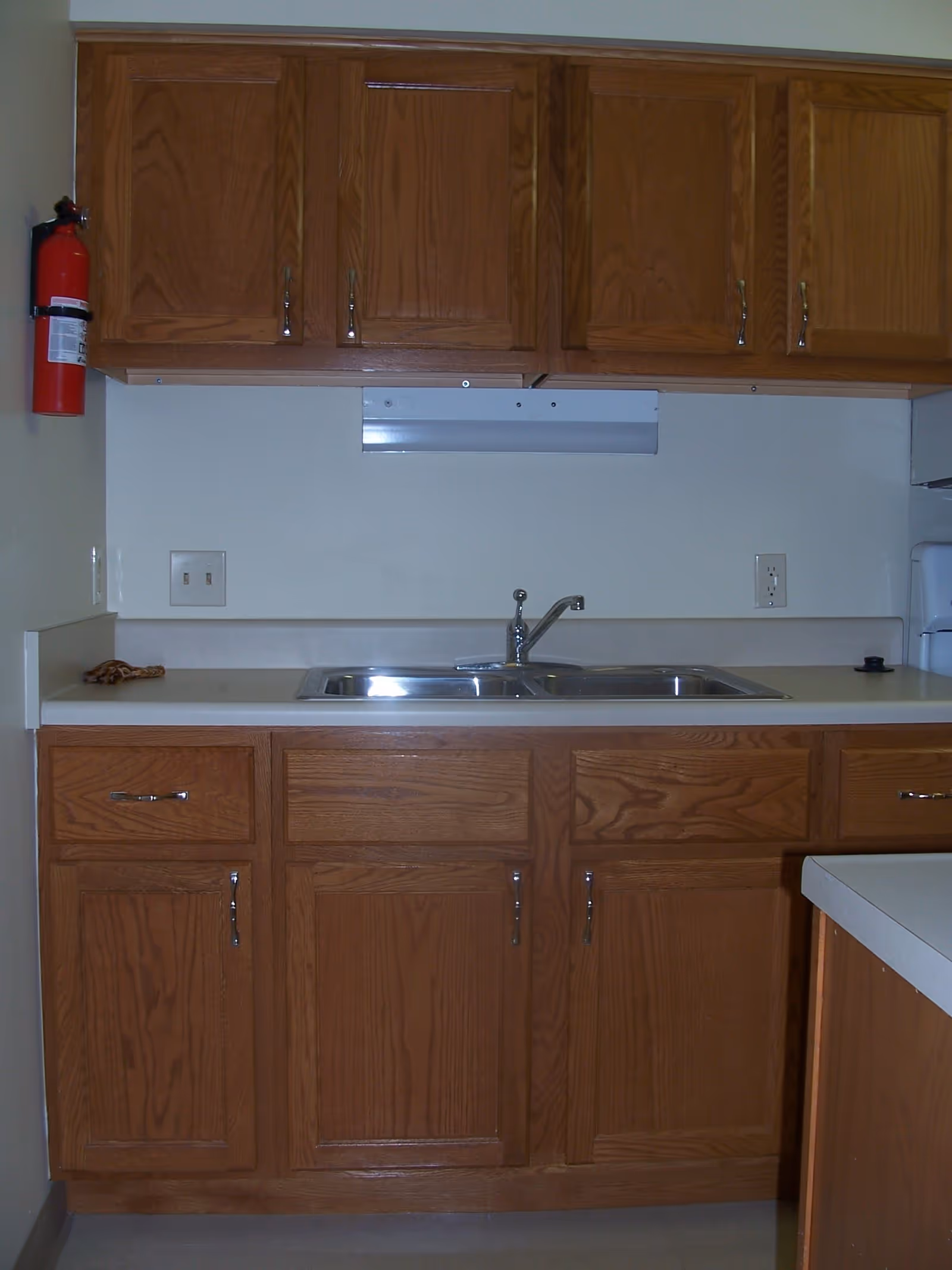 A kitchen area with wooden cabinets above and below a countertop. The countertop has a double stainless steel sink with a faucet. A fire extinguisher is mounted on the wall to the left. There are electrical outlets on the wall above the countertop.