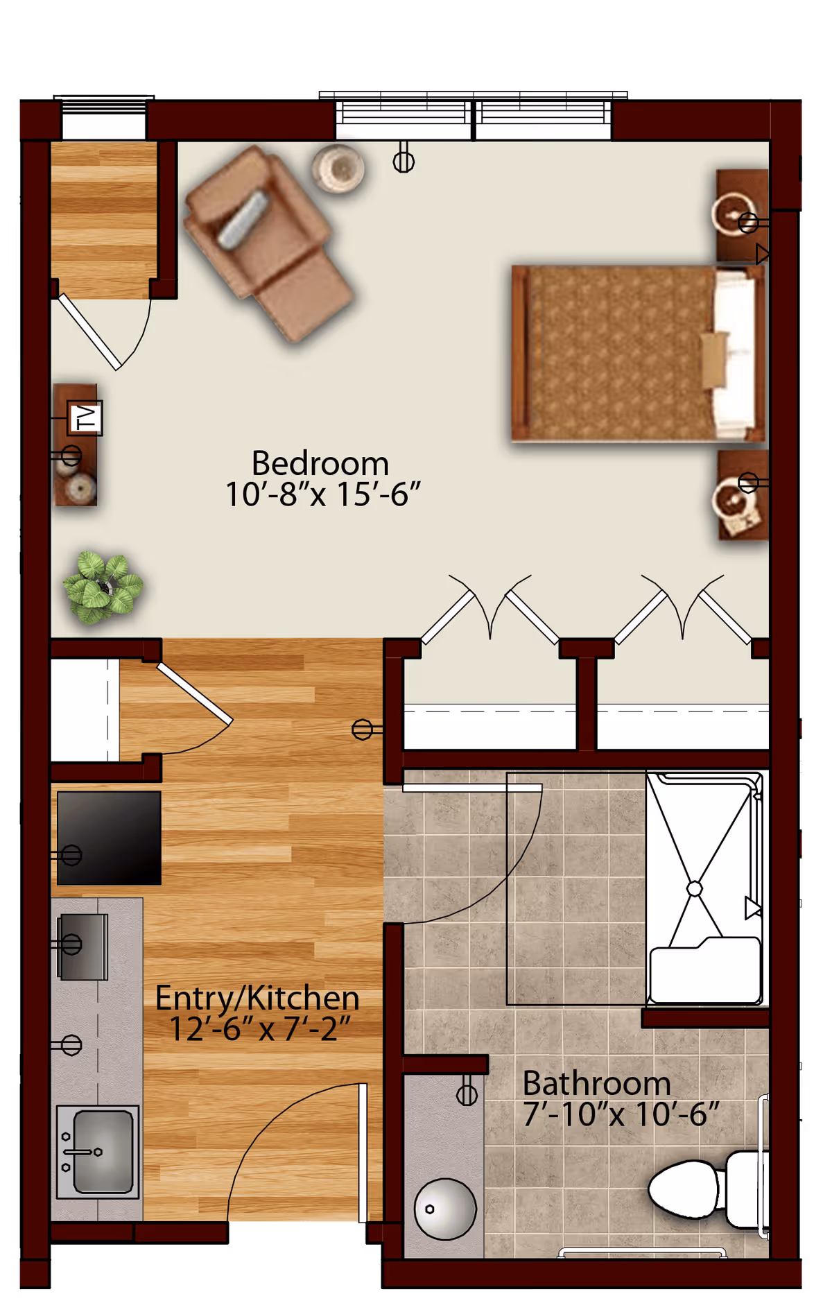 Floor plan of a senior living unit at Harmony at State College showing a bedroom with a bed, two nightstands, a chair, and a TV. The entry/kitchen area includes a sink and counter space. The bathroom has a shower, toilet, and sink. Dimensions for each room are labeled.