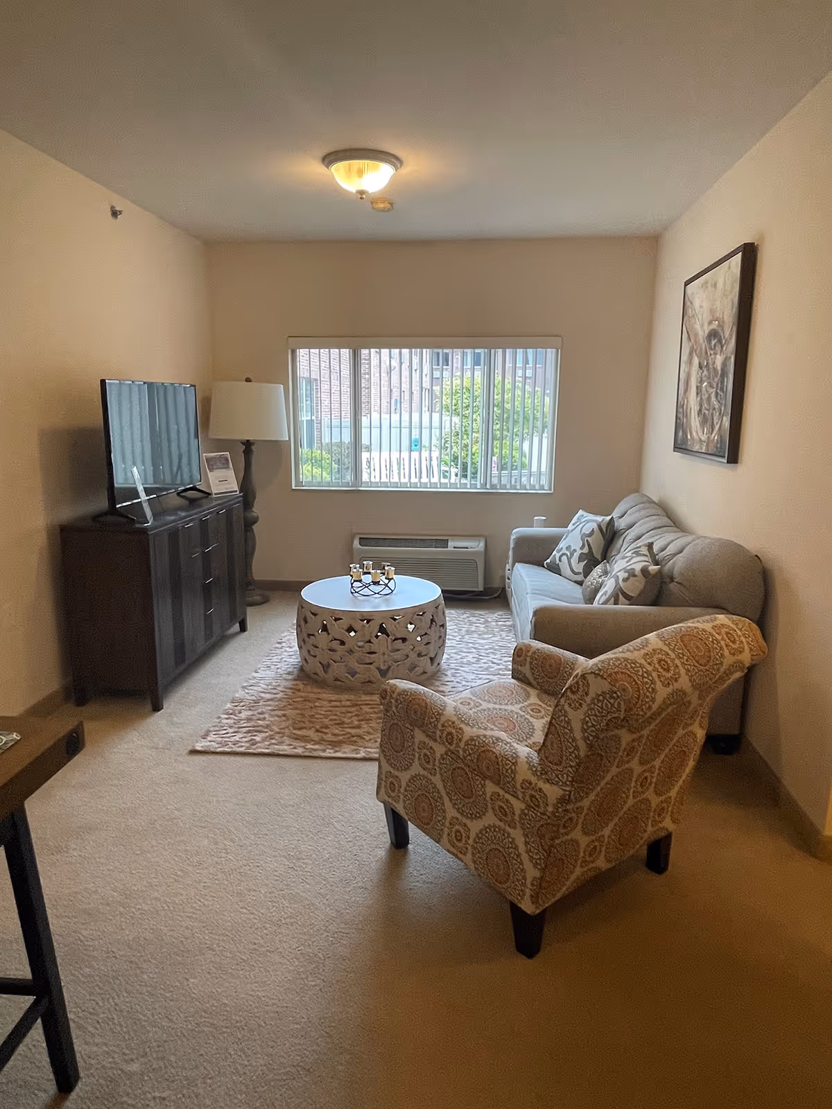 Cozy living room with a sofa, patterned armchair, round coffee table, TV on a cabinet, floor lamp, and a window with vertical blinds.