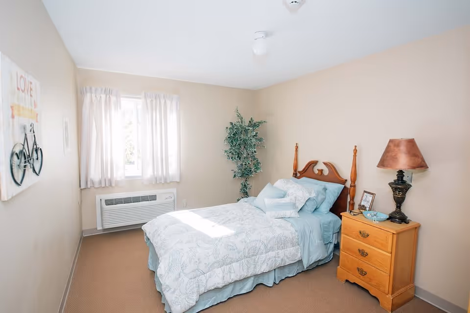 A neatly made single bed with light blue and white bedding in a small bedroom. There is a wooden nightstand with a decorative lamp, a framed photo, and a small dish. A potted plant is placed in the corner near a window with white curtains. The walls are beige, and there is a wall decoration featuring a bicycle and the word 'LOVE'.