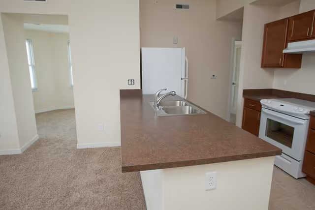 Interior view of a kitchen area with a brown countertop island featuring a double sink and faucet. The kitchen includes wooden cabinets, a white refrigerator, and a white stove. Adjacent to the kitchen is a carpeted area with windows allowing natural light.