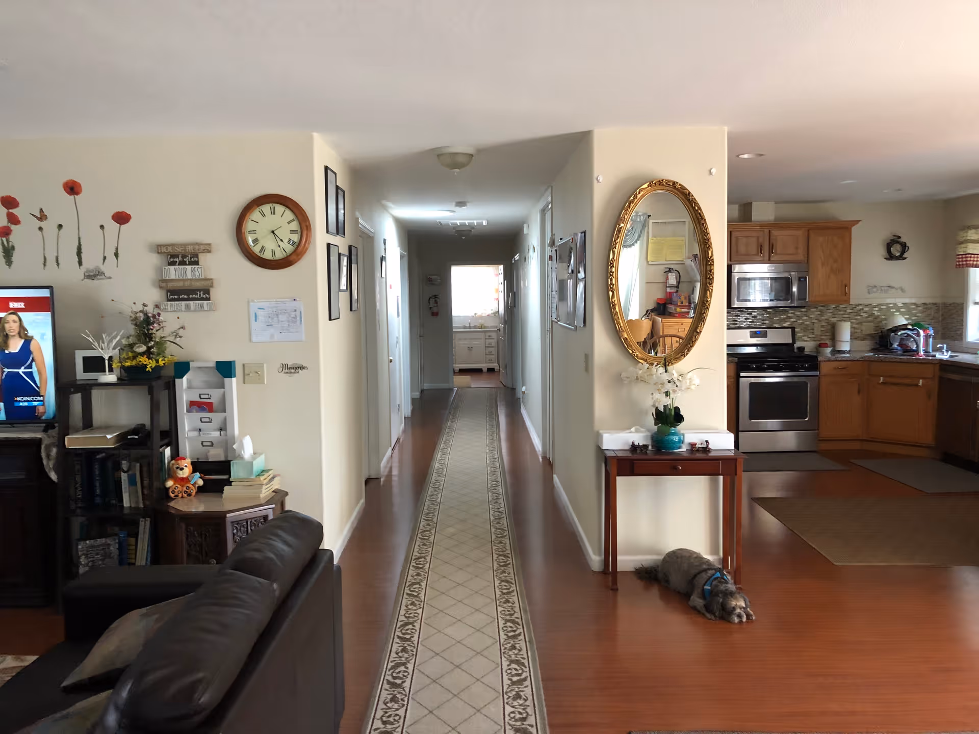 Open interior view showing a living area with a sofa and TV, a long central hallway, and a kitchen to the right with a small dog lying on the floor.