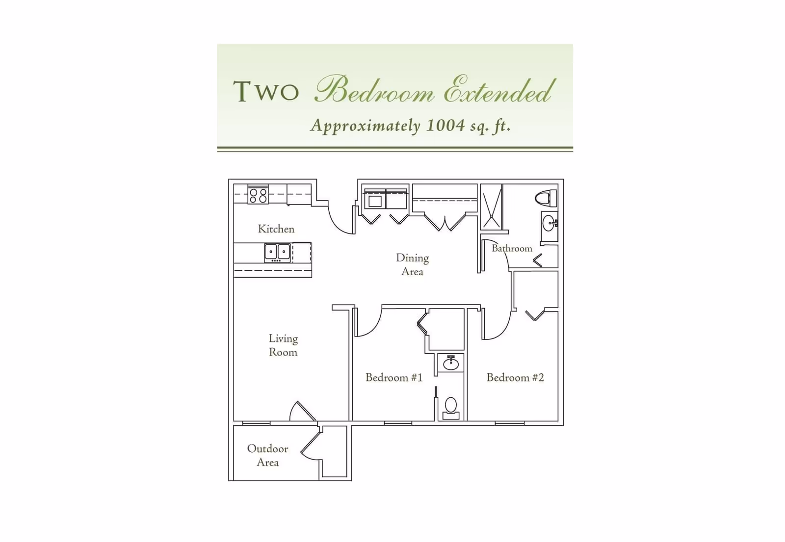 Black-and-white floor plan titled 'Two Bedroom Extended Approximately 1004 sq. ft.' showing a kitchen, living room, dining area, two bedrooms, a bathroom, and an outdoor area.