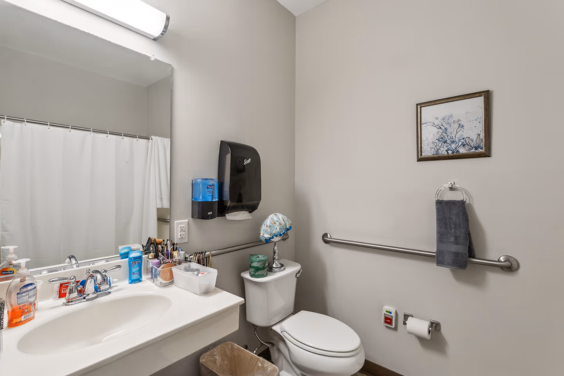 Accessible bathroom with a sink and mirror, toilet with grab bars, paper towel dispenser, and a shower curtain.