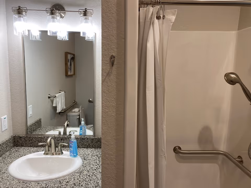 A bathroom with a granite countertop sink, a large mirror above the sink, and a four-light fixture. To the right, there is a shower area with a white curtain and a metal grab bar. A toilet with a towel hanging on a rail is visible in the mirror reflection.