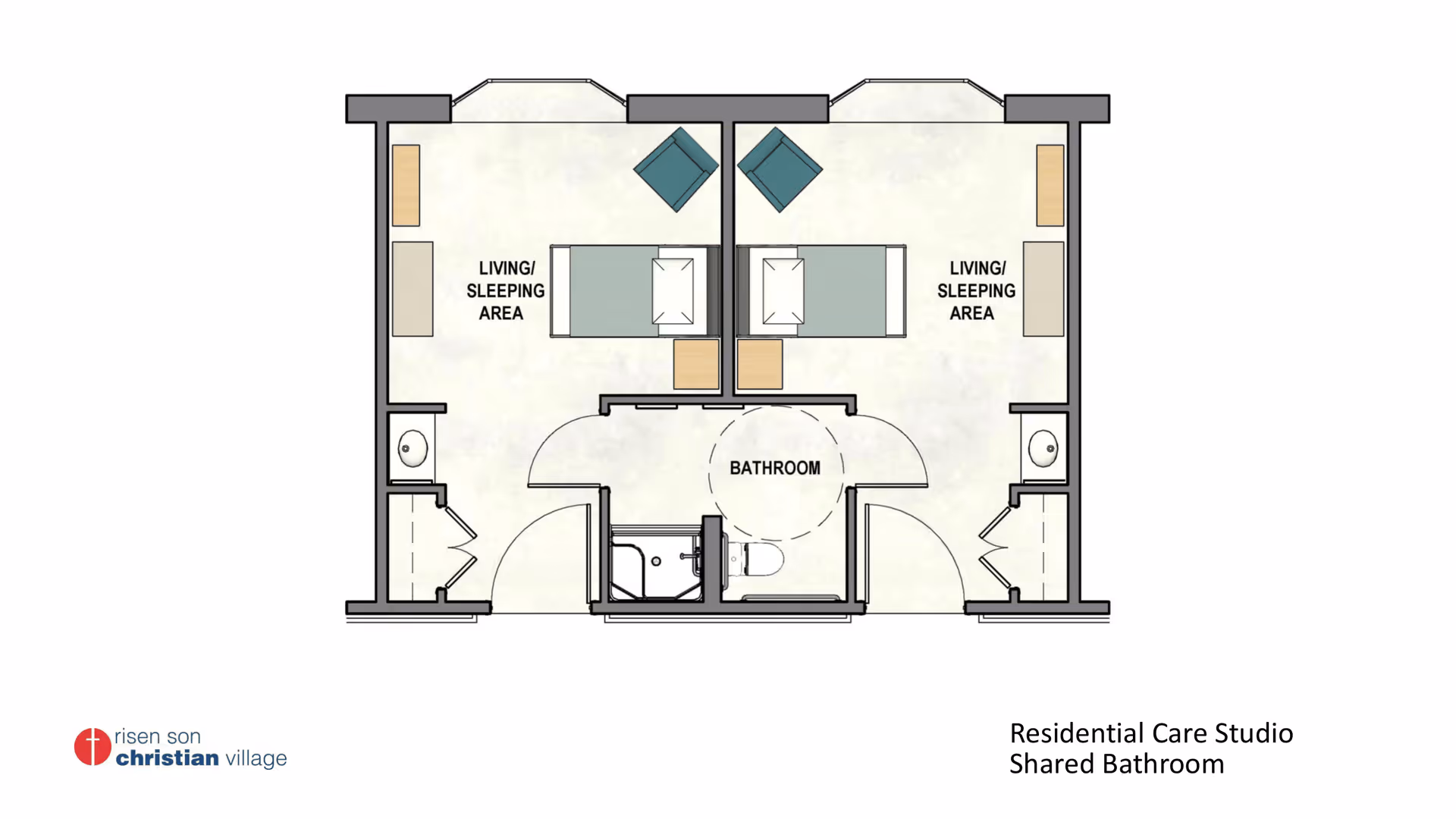 Floor plan of a residential care studio with two living/sleeping areas sharing a central bathroom. Each living/sleeping area contains a bed, two chairs, a dresser, and a small table. The shared bathroom is located between the two rooms with separate sinks and a shared toilet and shower area.