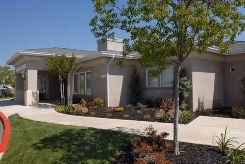 Single-story Castle Vista building with manicured landscaping, a curved walkway, and trees.