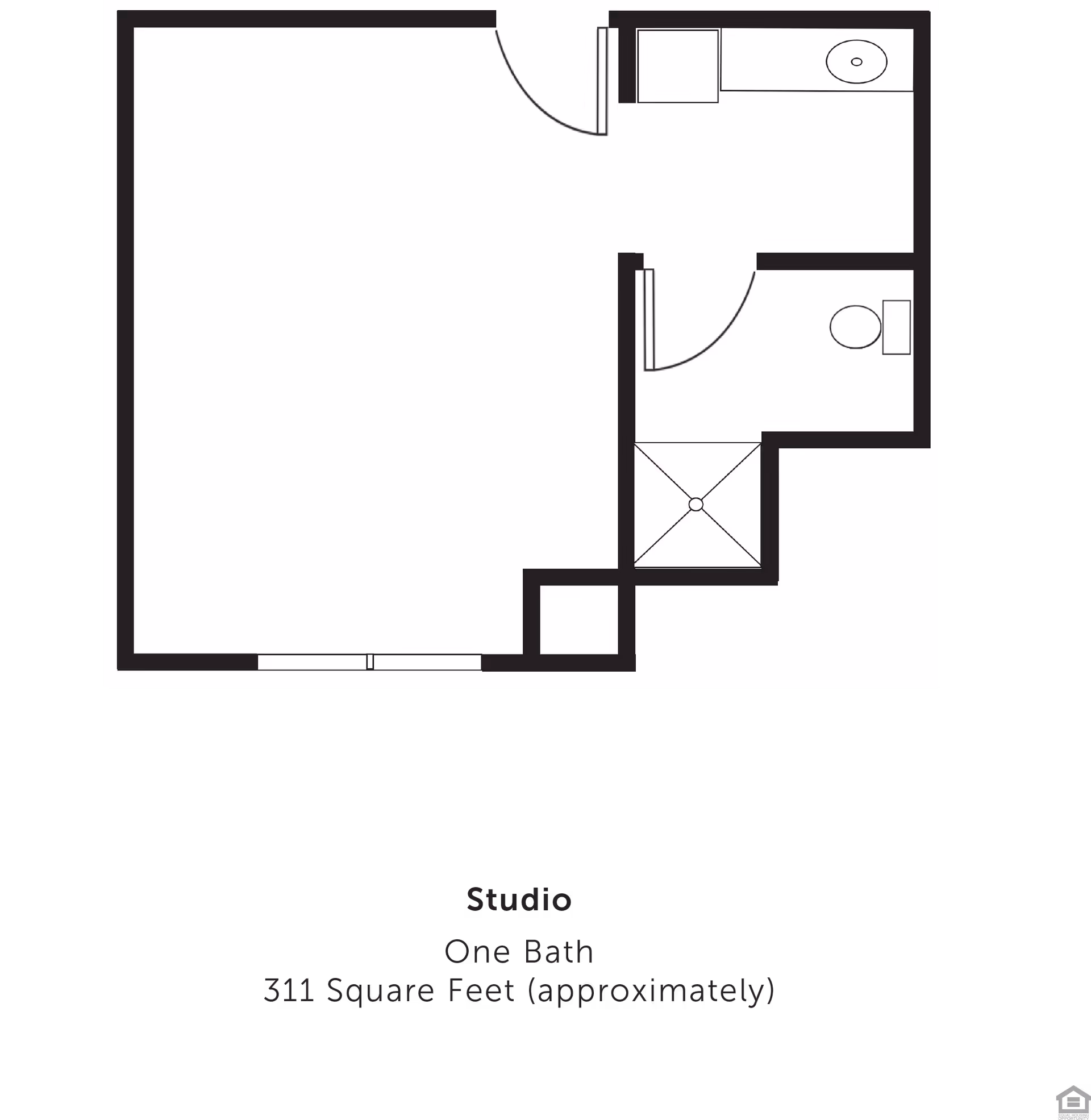 Floor plan of a studio apartment with one bathroom, approximately 311 square feet. The layout shows an entry door leading into the main living area, a bathroom with a toilet and sink, and a separate shower area.