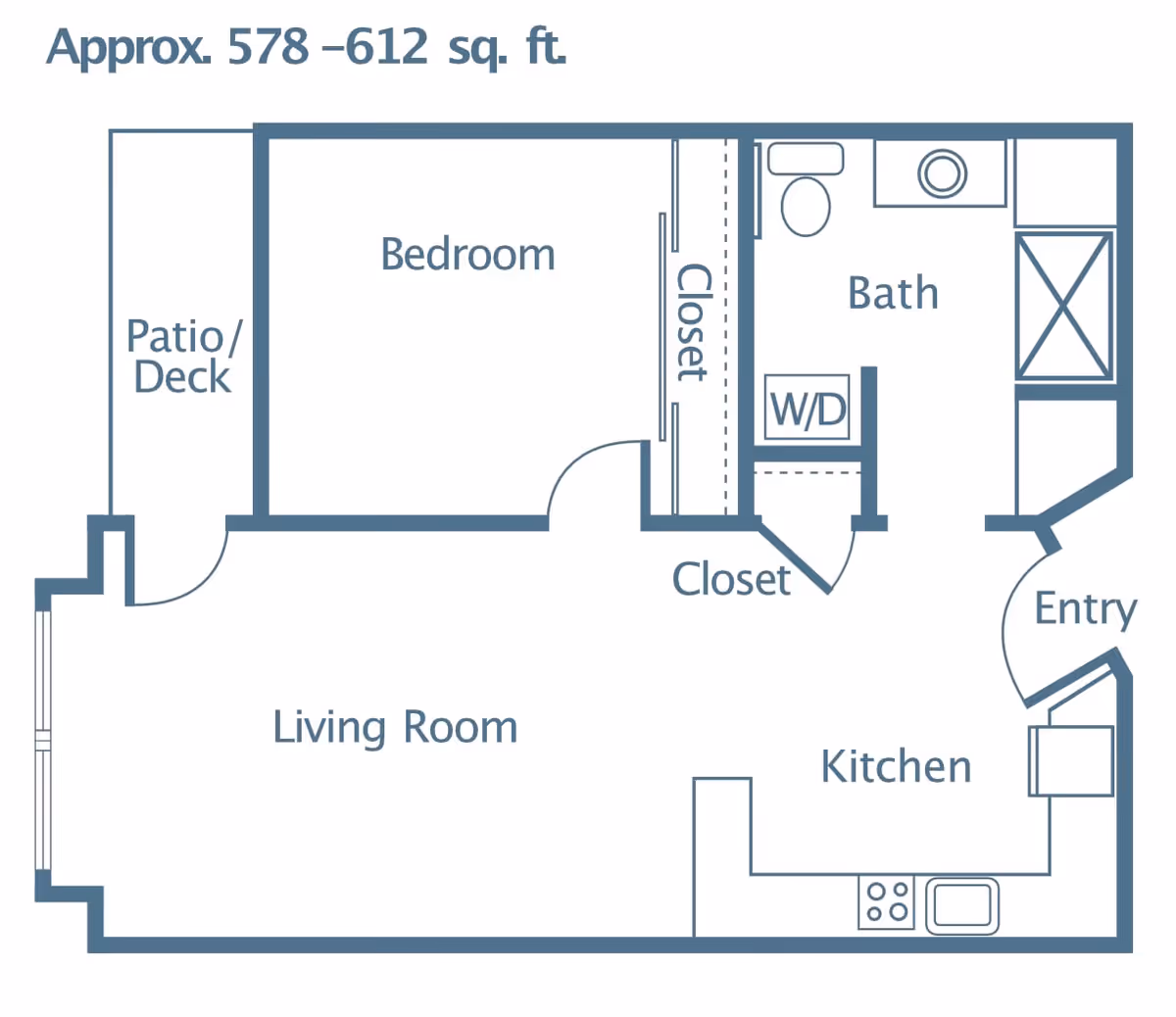 Floor plan of a residential unit approximately 578 to 612 square feet, showing a bedroom with closet, a bathroom with washer/dryer, an entry area, a kitchen, a living room, and a patio/deck.