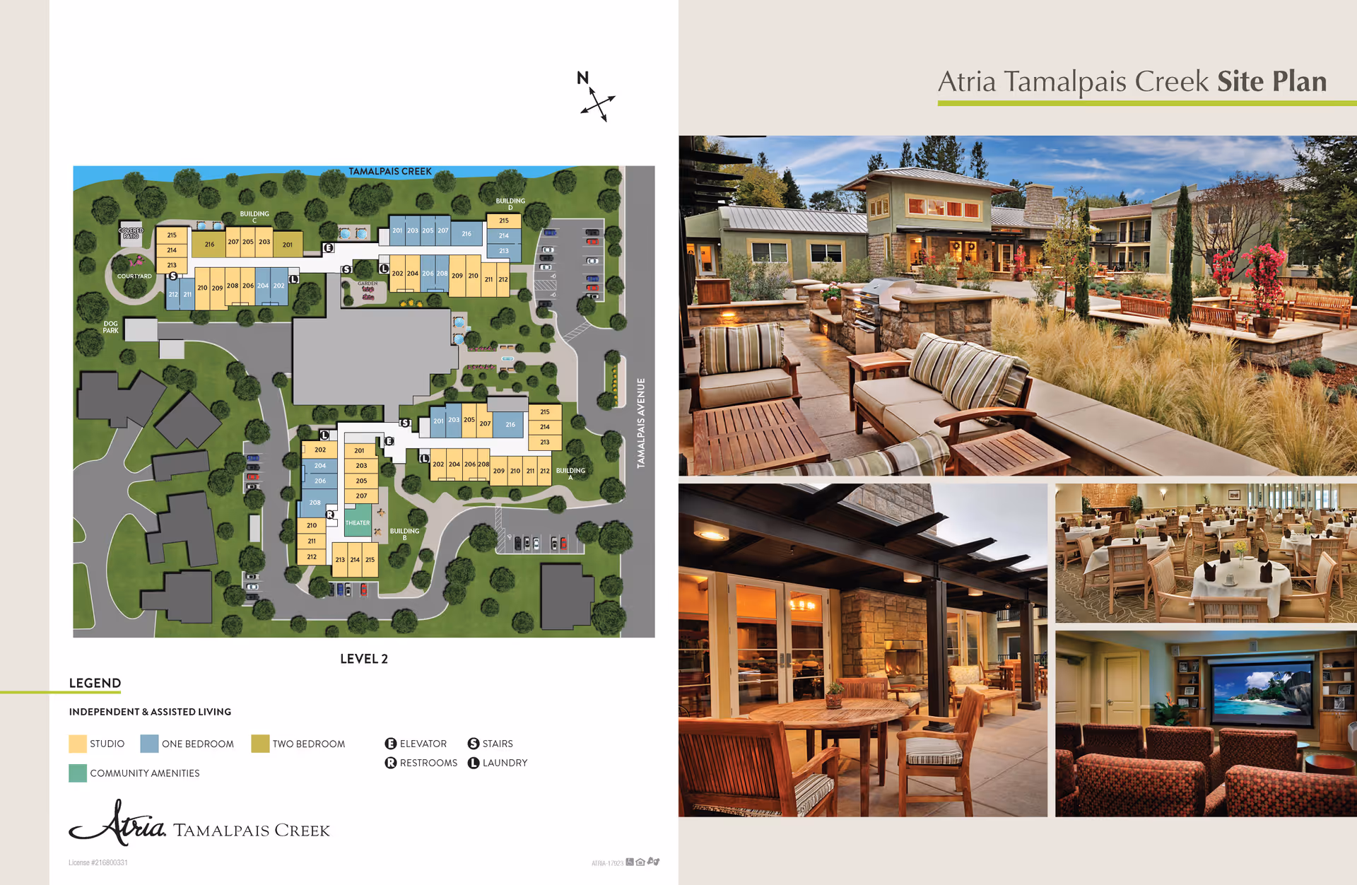 Atria Tamalpais Creek site plan showing the layout of buildings, parking, and community amenities on level 2, alongside photos of outdoor seating areas, a dining room with tables and chairs, and a small theater room with a large screen and seating.