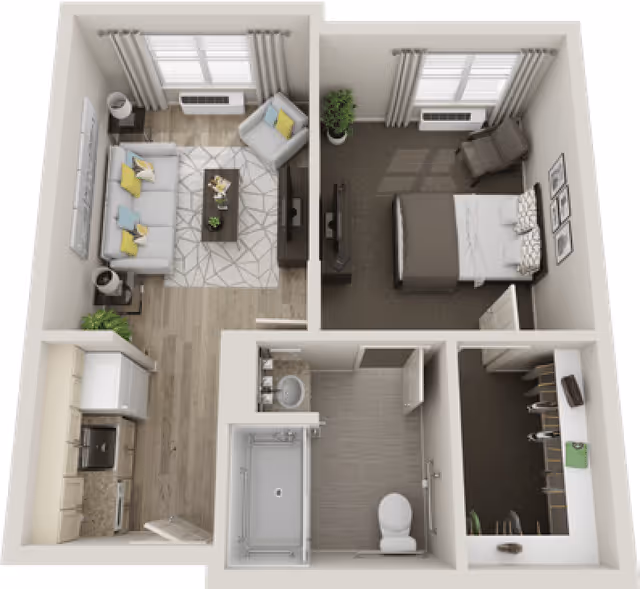 3D floor plan rendering of a one-bedroom apartment showing a living room, kitchen, bedroom, bathroom, and closet.