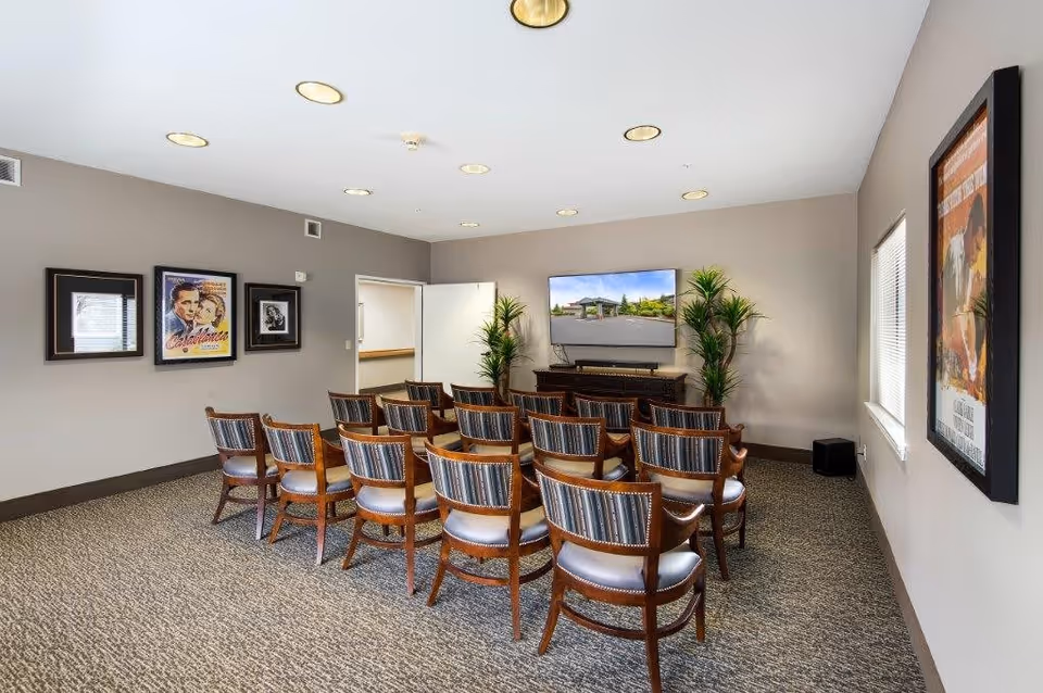 A small theater-style room with three rows of wooden chairs facing a flat-screen TV mounted on the wall. The room has beige walls, carpeted floor, framed movie posters on the walls, and two potted plants flanking the TV stand.
