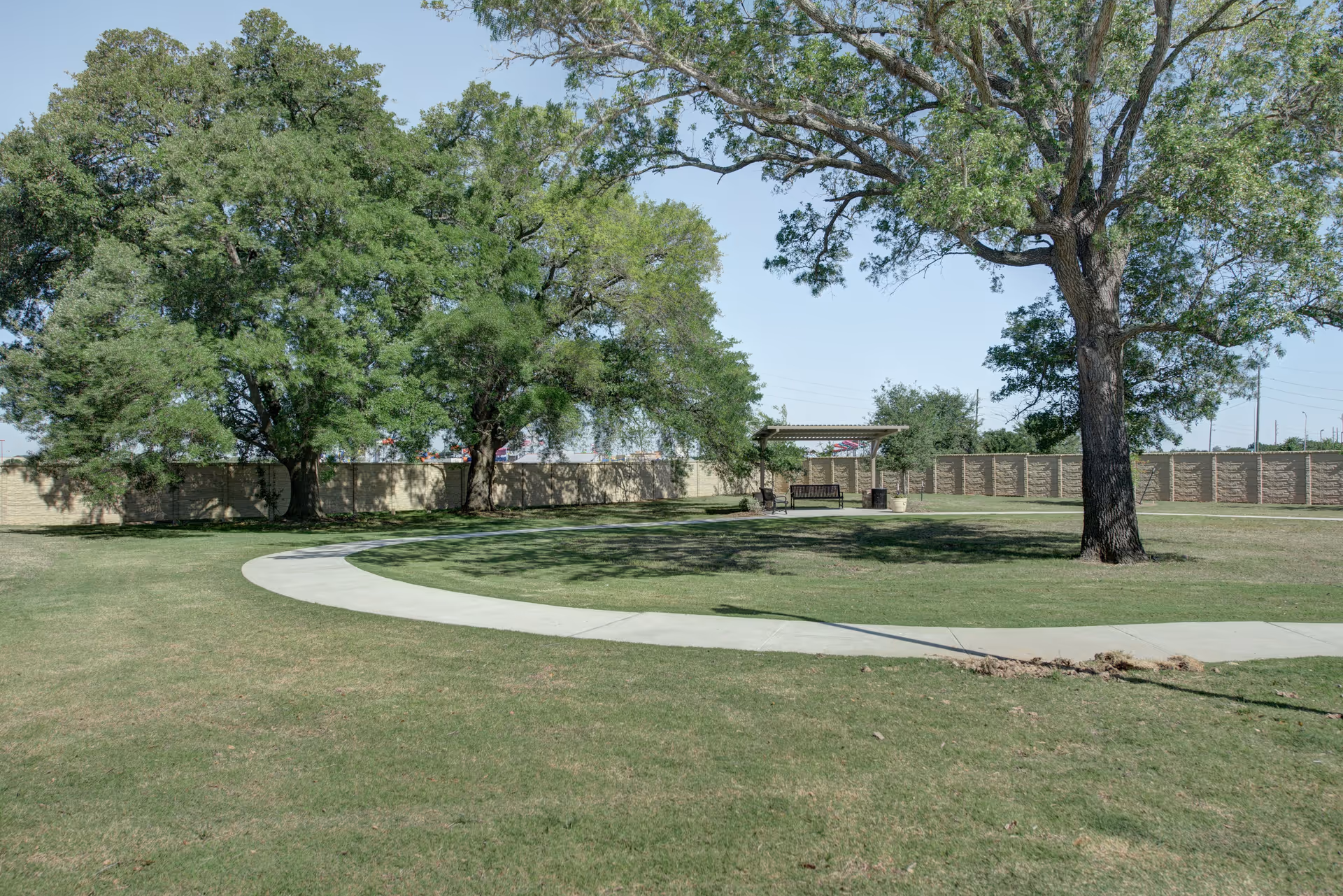 Grassy outdoor courtyard with a winding concrete path, large trees, and a bench under a small pergola.
