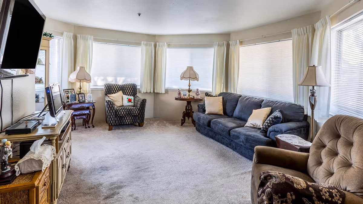 Bright curved living room with large bay windows, a sofa and several armchairs, side tables, lamps and a wall-mounted TV.