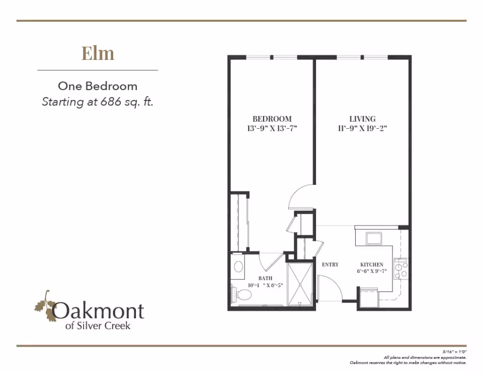 Floor plan for a one-bedroom apartment named Elm at Oakmont of Silver Creek, showing a bedroom, living room, kitchen, bathroom, and entry area with dimensions.